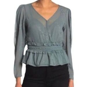 ASTR The Label Womens Sage Green Embroidered Long‎ Sleeve Peplum Blouse XL